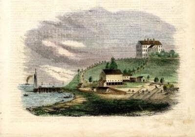 The image depicts a historical scene of a coastal area. A pier extends into the water, with boats and a sailboat visible. On the shore, there are buildings, including a large house on a hill. The scene is rendered in a vintage style, with a focus on the landscape and architecture.